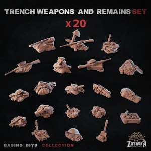 Könnte beinhalten: Ein Set aus 20 braunen Miniatur-Resin-Basing-Bits mit dem Titel TRENCH WEAPONS AND REMAINS SET. Die Sammlung enthält detaillierte Kleinteile wie Gewehre, Helme, Gasmasken, Schaufeln, Kisten und Schädel für Tabletop-Gaming-Dioramen.