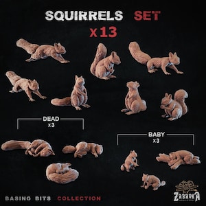 May include: A set of 13 brown squirrel figurines labelled SQUIRRELS SET x 13. The collection includes various poses, with three labelled DEAD and three labelled BABY. The figures are arranged on a dark background with the text BASING BITS COLLECTION.