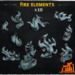 Könnte beinhalten: Zehn graue Feuerelement-Modelle mit orangefarbenen Akzenten, angeordnet auf dunklem Hintergrund. Der Text "FIRE ELEMENTS x10" steht oben. Die Modelle sind vorgestützt. Geeignet für Tabletop-Spiele.