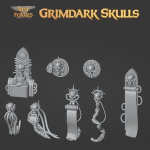 Peut inclure: Collection de figurines Grimdark Skulls, présentant divers modèles. Les figurines comprennent des figures en forme de crâne avec des éléments mécaniques et ornés, tels que des tubes, des pointes et des emblèmes circulaires. Le logo Voy Forges est visible en haut à gauche.