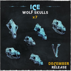 Peut inclure: Sept modèles de crânes de loup bleu glacé sont présentés sur un fond sombre. Le texte "ICE WOLF SKULLS x7" est en haut, avec "DECEMBER RELEASE" en bas. Les crânes varient en taille et en orientation.