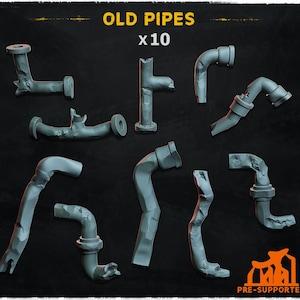 Puede incluir: Un conjunto de diez tuberías grises desgastadas, con diversas curvas y roturas, dispuestas sobre un fondo oscuro. El texto "OLD PIPES x10" se muestra en la parte superior, con "PRE-SUPPORTED" en la parte inferior, indicando un modelo 3D o similar.