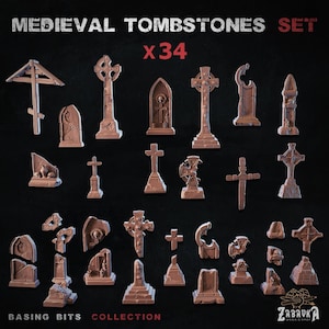 May include: A collection of 34 miniature medieval tombstones in various designs, including crosses, arched headstones, and broken monuments. The pieces are a light brown colour and are arranged on a dark background. Text at the top reads "MEDIEVAL TOMBSTONES SET X34".