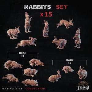 May include: A set of 15 miniature rabbit figurines in various poses, including standing, running, and lying down. The figurines are a light brown color and are labeled as "Dead" and "Baby" with corresponding quantities. The text "Rabbits Set" and "Basing Bits Collection" are also visible.
