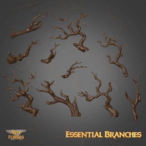 Peut inclure: Plusieurs branches d'arbres brunes et stylisées de différentes formes. Les branches sont disposées sur un fond gris foncé. Le texte "Essential Branches" est affiché en lettres dorées.