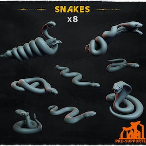 May include: A collection of eight gray snake figurines in various poses, including coiled, slithering, and upright positions. The word "SNAKES" is displayed at the top, with "x8" below it. The phrase "PRE-SUPPORTED" is at the bottom.