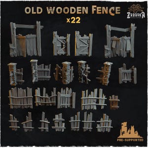 Può includere: Una collezione di 22 modelli di vecchie recinzioni in legno di vari design. Le recinzioni sono grigie e usurate, alcune con pilastri in pietra e cancelli. Il testo "OLD WOODEN FENCE x22" è visualizzato in alto. I modelli sono pre-supportati.
