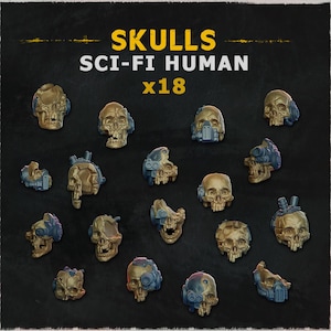 Puede incluir: Imagen de dieciocho calaveras humanas de ciencia ficción doradas, con detalles mecánicos azules y grises. El texto "SKULLS SCI-FI HUMAN x18" se muestra en amarillo. Las calaveras varían en diseño.