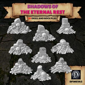 9x Shadows of the Eternal Rest Skull and Rock Piles Basing Bits | 28mm 32mm Tabletop Terrain Miniature Diorama Scenery Bones | Miniatures