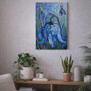 Cuadro de lujo en lienzo azul para pared, elegante decoración para el hogar, sofisticada pintura floral, lienzo vertical de primera calidad.