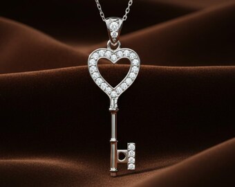 Sterling Silver Love Heart Crown Key Pendant Necklace: Created