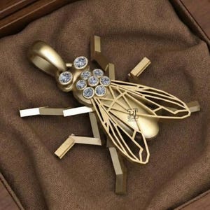 May include: A gold-colored fly pendant with clear gemstones on its head and wings. The pendant is in a wooden box with a brown fabric lining. The fly's wings have a geometric design.