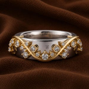 May include: A two-tone ring featuring a silver-colored band with a gold-colored overlay in a wave pattern. The gold-colored section is set with multiple small, round, clear stones. A small logo with the letters BJ is visible on the silver band.