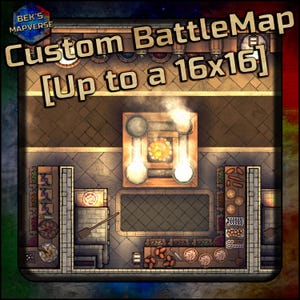 May include: A detailed, top-down view of a custom battle map, depicting an interior scene. The map features a central cooking area with flames, food displays, and the text "Custom BattleMap [Up to a 16x16]" in a stylized font. Designed for tabletop gaming.