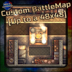 May include: A detailed, top-down view of a custom battle map depicting a tavern interior. The map shows a kitchen area with a stove, food, and serving counters. The text "Custom BattleMap [Up to a 48x48]" is displayed at the top.
