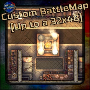 May include: A detailed, top-down illustration of a custom BattleMap, labelled "Custom BattleMap [Up to a 32x48]", depicting a fantasy tavern interior. The map includes a kitchen, tables, and various food items.