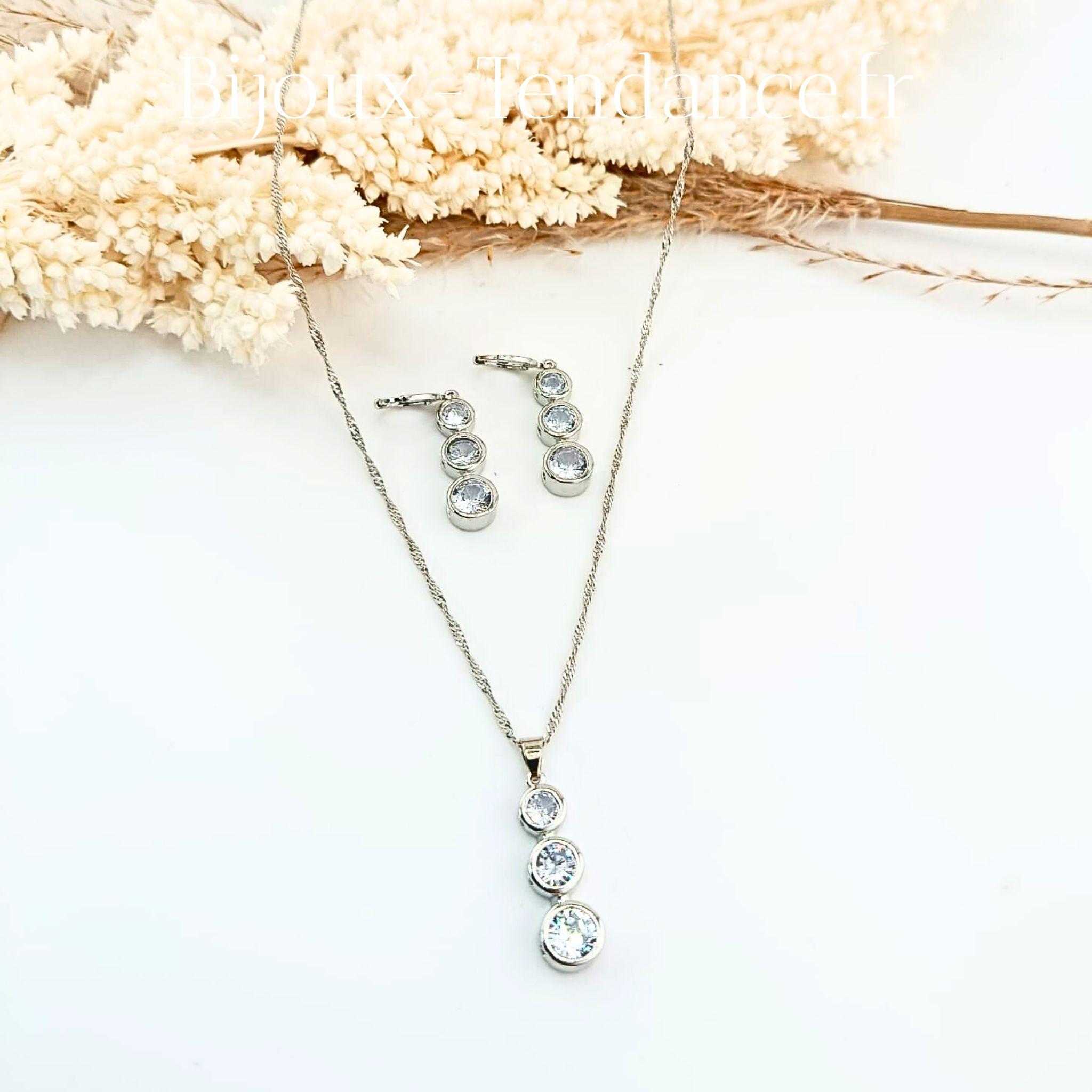 Parure Collier Et Boucles D’oreilles Argent 925 – Zircons Forme Losange – Budget Beauté