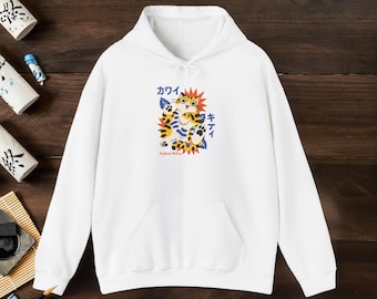 Kawaii kattenhoodie | T-shirt in Japanse stijl met kleurrijke uitbarsting en schattige kat