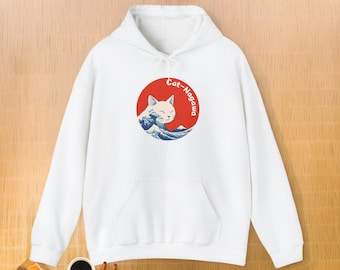 Cat-Nagawa Hoodie | Japanese Wave Cat Sweatshirt, Hokusai-Inspired Graphic, Red Sun Aesthetic Streetwear
