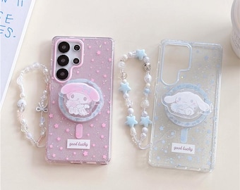 Cute Blue Star Floppy Ear Dog Magnetic Phone Case Stand with Lanyard, Compatible with S26 S25 S24 S23 Ultra Plus