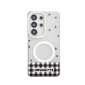 May include: Clear phone case with a white border, featuring a pattern of small white dots and black stars. The bottom section has a black and white checkered pattern with the text "Hello Kitty". The case has a white circular design.