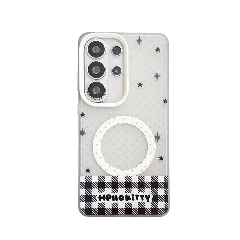 May include: Clear phone case with a white border, featuring a pattern of small white dots and black stars. The bottom section has a black and white checkered pattern with the text "Hello Kitty". The case has a white circular design.