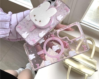 Uroczy, rysunkowy, magnetyczny uchwyt na telefon z motywem króliczka Miffy w kształcie króliczka Miffy do modeli S26, S25, S24, S23 Ultra Plus