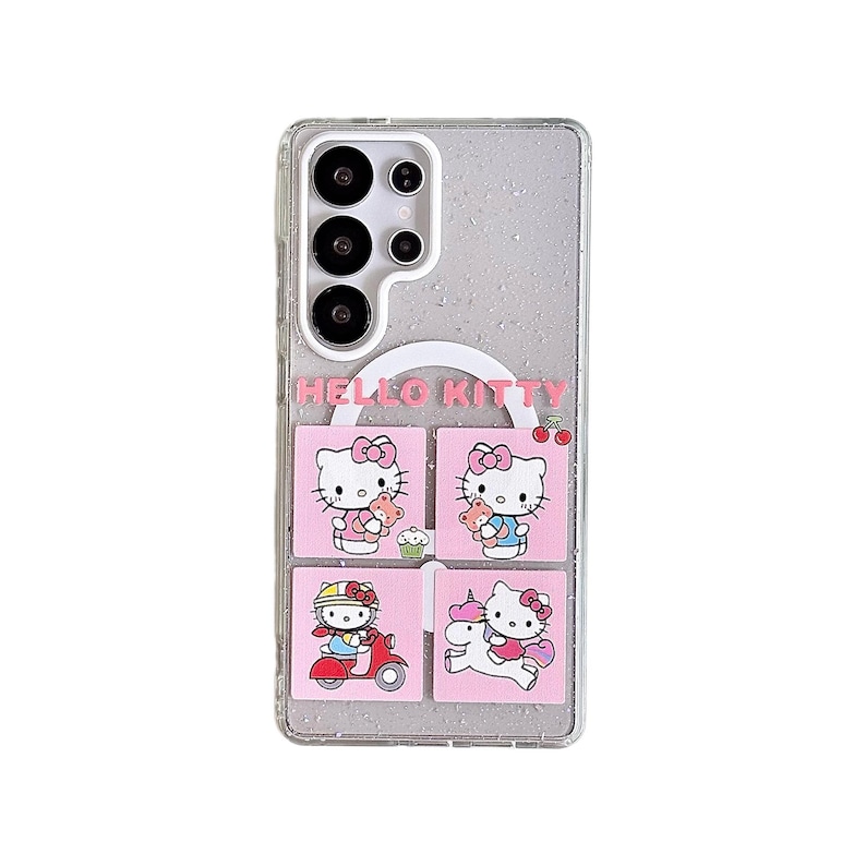 Peut inclure: Coque de t&eacute;l&eacute;phone transparente avec un fond scintillant et des graphismes Hello Kitty roses. L'&eacute;tui pr&eacute;sente quatre panneaux rectangulaires avec diff&eacute;rents motifs Hello Kitty, dont un scooter et une licorne.