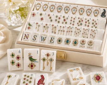 Luxury American Mahjong Set, Pearl White Resin Mahjong Tiles, Royal Gemstone Design Game Set, Elegant Mahjong Gift for Women, 160 Tiles Set