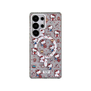 Może przedstawiać: Przezroczyste etui na telefon z błyszczącym szarym tłem i wzorem postaci Hello Kitty. Etui ma biały okrągły wz&oacute;r i napis "kitty happy new year".