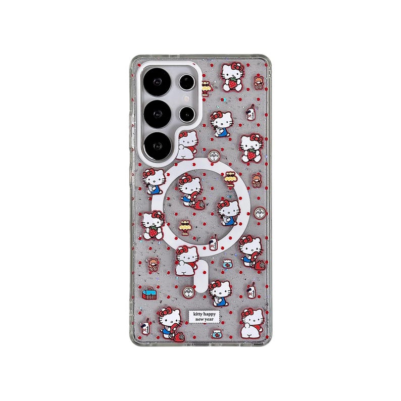 Może przedstawiać: Przezroczyste etui na telefon z błyszczącym szarym tłem i wzorem postaci Hello Kitty. Etui ma biały okrągły wz&oacute;r i napis "kitty happy new year".