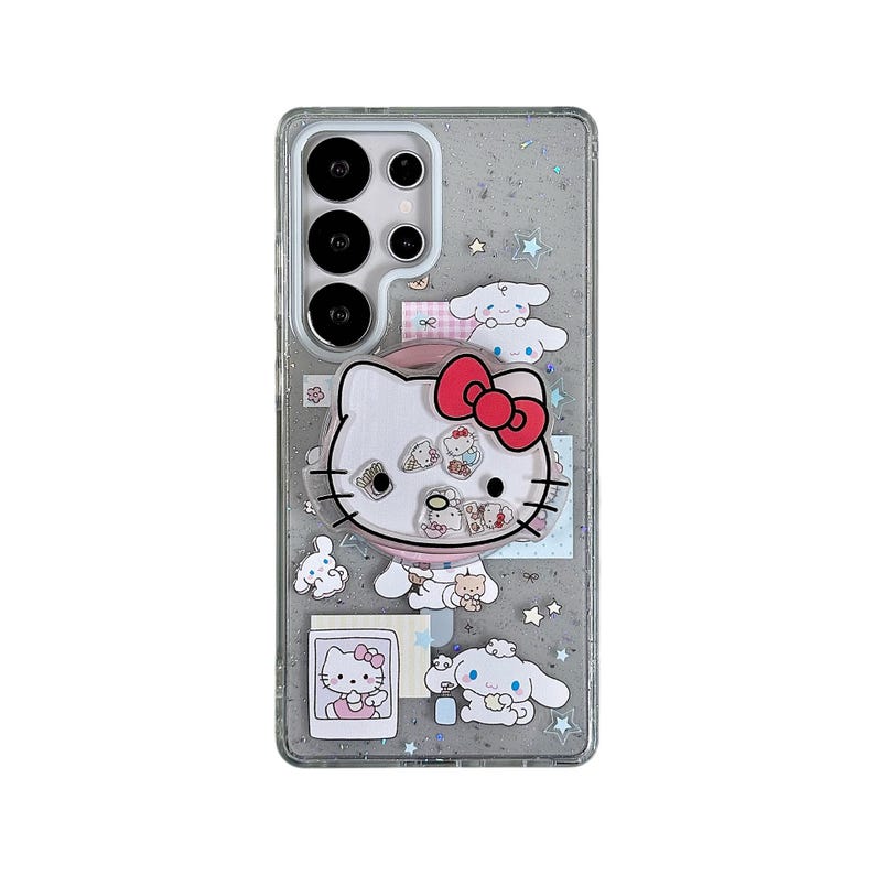 Może przedstawiać: Przezroczyste etui na telefon z błyszczącym tłem i wzorem Hello Kitty. Etui przedstawia dużą postać Hello Kitty z czerwoną kokardą, a także inne postacie z kresk&oacute;wek i małe ilustracje. Etui jest przeznaczone do smartfona.