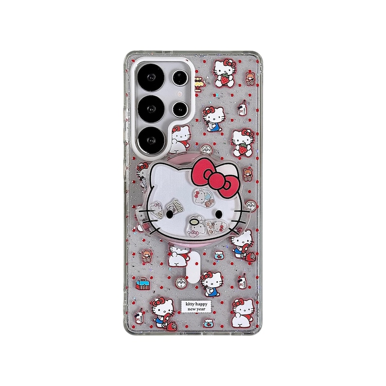 Może przedstawiać: Przezroczyste etui na telefon z motywem Hello Kitty. Etui przedstawia dużą twarz Hello Kitty z czerwoną kokardą, otoczoną mniejszymi figurkami Hello Kitty i grafiką tematyczną. Widoczny jest napis "kitty happy new year".