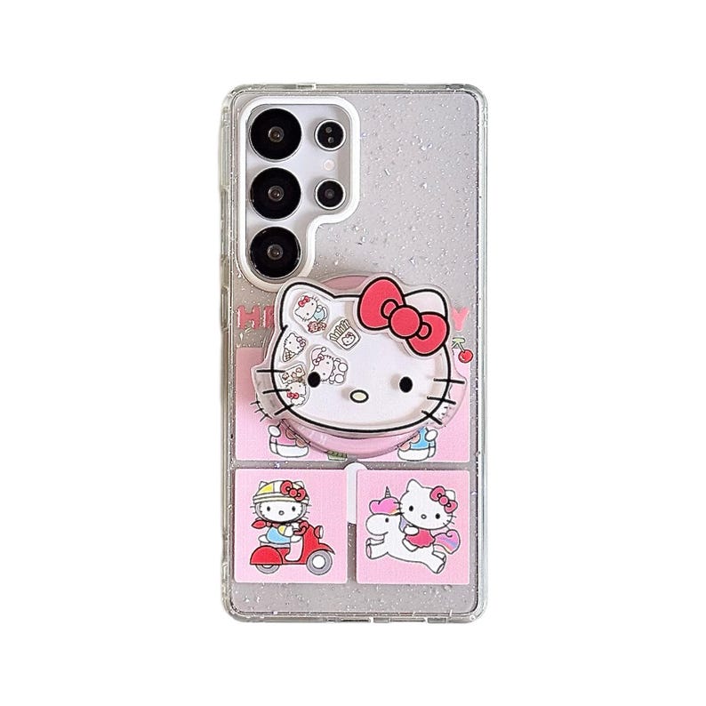 Peut inclure: Coque de t&eacute;l&eacute;phone transparente avec effet paillet&eacute;, orn&eacute;e d'un motif Hello Kitty. Le motif comprend un grand visage Hello Kitty avec un n&oelig;ud rouge et de petites images de Hello Kitty sur un scooter et avec une licorne. L'&eacute;tui a un fond rose.