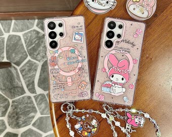 Cartoon Glitter My Melody Magnetic Phone Case with Stand & Lanyard, Compatible with S26 S25 S24 S23 Ultra Plus