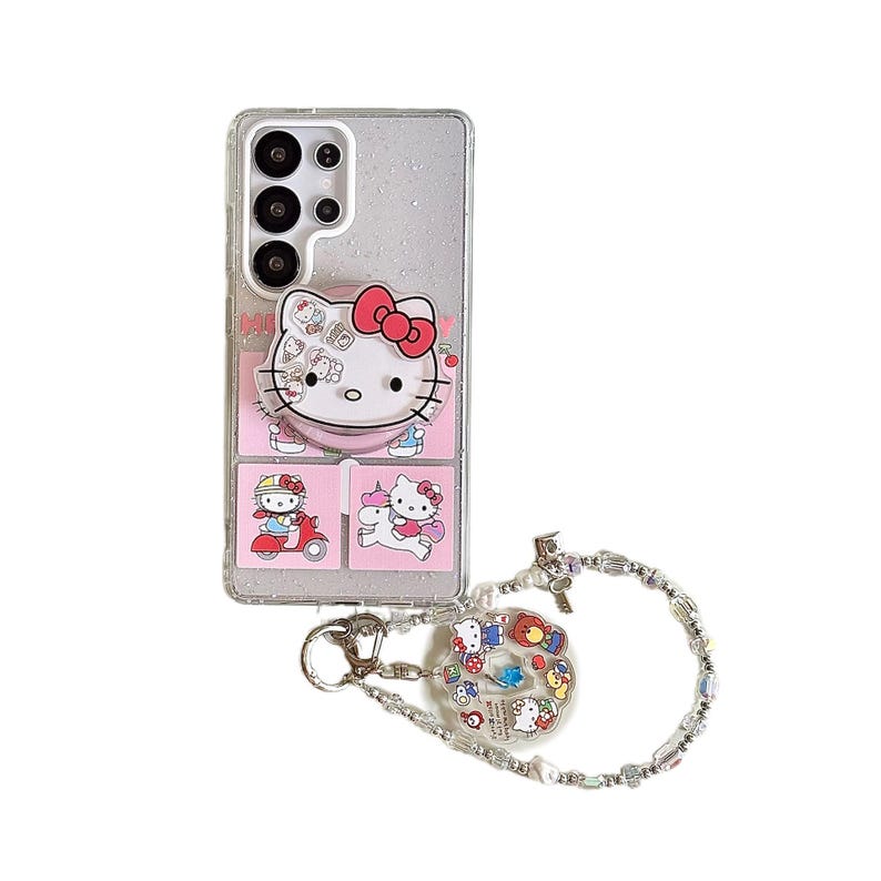 Peut inclure: Une coque de t&eacute;l&eacute;phone transparente avec un motif Hello Kitty rose et blanc. La coque pr&eacute;sente un grand visage Hello Kitty et de petites images de Hello Kitty. Une dragonne et un charm perl&eacute; sont attach&eacute;s.
