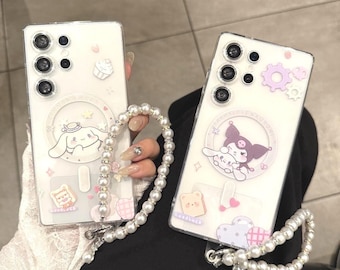 かわいいクロミ＆シナモロールのマグネット式透明スマホケース。S26、S25、S24、S23 Ultra、S23 Plusに対応。