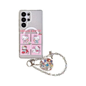Peut inclure: Une coque de t&eacute;l&eacute;phone transparente avec un motif Hello Kitty. L'&eacute;tui pr&eacute;sente quatre carr&eacute;s roses avec diff&eacute;rentes illustrations de Hello Kitty. Une cha&icirc;ne argent&eacute;e avec des perles et des breloques est attach&eacute;e &agrave; l'&eacute;tui.