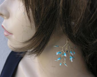 Christmas earrings, Tree earrings, Forest earrings, Woodland earrings, Turquoise earrings, Branch earrings, Leaf earrings, Twig earrings.
