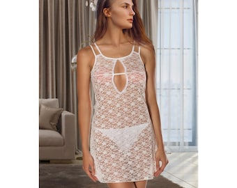 White Floral Lace Chemise Nightgown for Women - Sexy Sheer Bridal Lingerie - Elegant Keyhole Mesh Sleepwear - See Through Mini Slip Dress