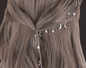 Cadena para el cabello celestial con luna y estrella, accesorio bohemio para el cabello de novia, pinzas para el cabello con luna y estrella, cadena para el cabello de novia, joyería para el cabello de boda