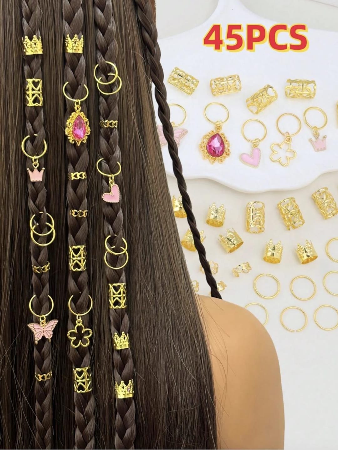 45 Pcs Gold Braid Accessories Set, Flower & Pearl Hair Rings, Boho ...