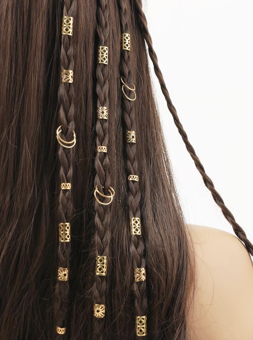 Formery Ciondoli per capelli a forma di stella, con luna dorata, accessori per trecce, perline colorate africane, gioielli da donna (19 pezzi) (stella e luna