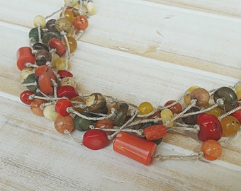 Multi-Strand Necklaces, Colorful necklace, Bib necklace, Beaded necklace, Boho chic necklace, Linen necklace, Rustic necklace