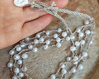 Multi-Strand Bohemian Style  Bridal Freshwater White Pearls Crocheted Linen Necklace Boho Chik Jewelry for women