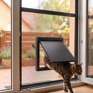 Op de afbeelding: Een zwarte kattenluik geïnstalleerd in een hor. Een tabby kat loopt door de open klep. De deur is geplaatst in een wit frame, met uitzicht op een terras en planten op de achtergrond.