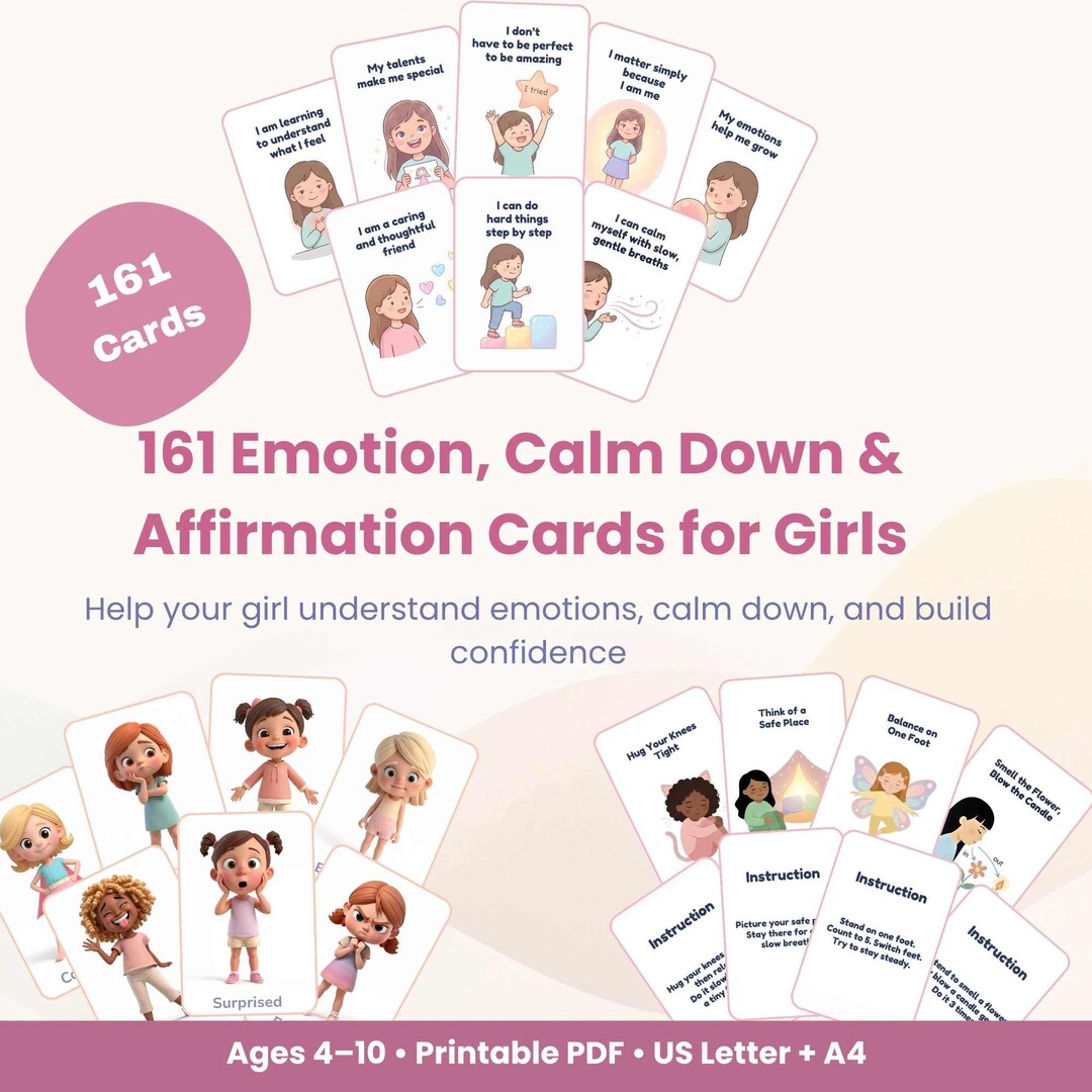 Emotion Cards for Kids Girls, Calm Down Cards, Affirmation Cards Bundle ...