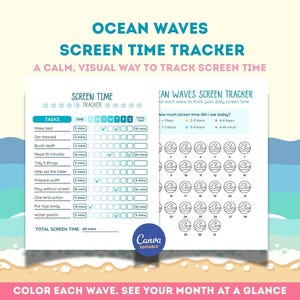 Könnte beinhalten: Ein Bildschirmzeit-Tracker mit dem Thema Ozeanwellen. Der Tracker enthält eine tägliche Aufgabenliste und einen monatlichen Kalender, um die Bildschirmzeit zu verfolgen. Das Design ist in Blau- und Weißtönen gehalten, mit dem Text "Ocean Waves Screen Time Tracker".