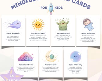 May include: A set of 16 Mindful Breathing Cards for kids. Each card features a unique illustration and a short description of a breathing exercise, such as Cosmic Wind Exhale and Space Bubble Belly. The cards are designed to promote relaxation.