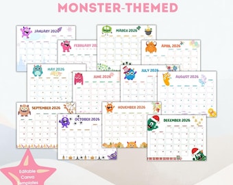 May include: A collection of 12 monthly calendars for 2026, each featuring a different monster-themed illustration. The calendars are white with colorful monster characters and the month's name at the top. The text "KIDS CALENDAR 2026 MONSTER-THEMED" is at the top.